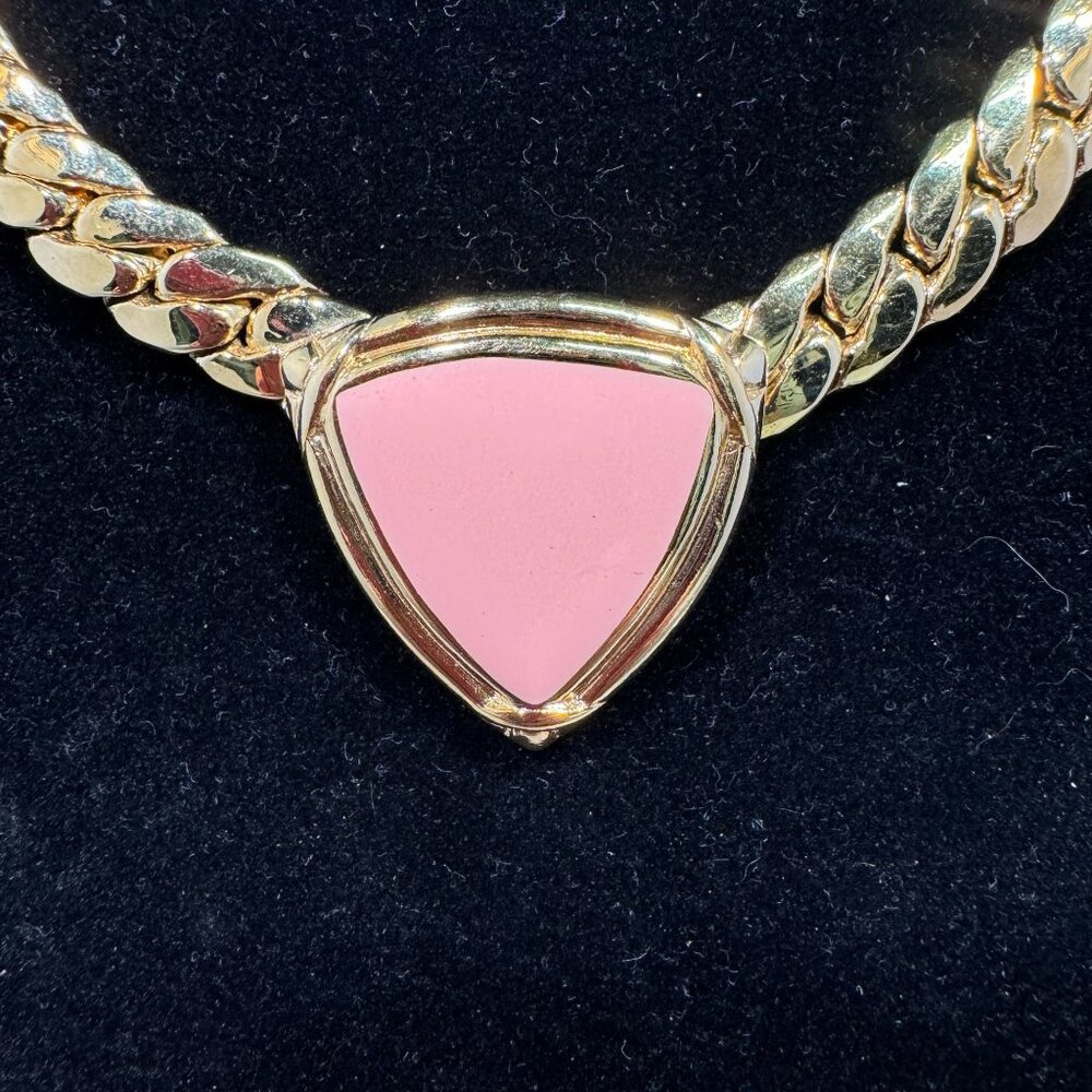 Vintage Trifari Gold Chain Necklace With Pink Triangle Pendant - Picture 2 of 8